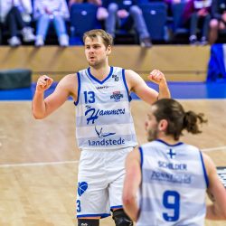 ZWOLLE, NETHERLANDS - MAY 3: Dragos Diculescu of Landstede Hammers Zwolle  during the DBL Play-offs kwart finale match between Landstede Hammers Zwolle and Feyenoord Basketball at Landstede Sportcentrum on May 3, 2022 in Zwolle, Netherlands (Photo by Kristian Giesen/Orange Pictures)